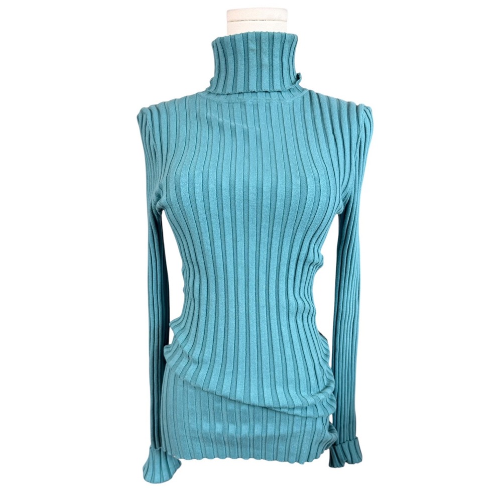 Sundance Teal Blue Ribbed Organic Cotton Turtleneck Sweater Small Long Sleeve